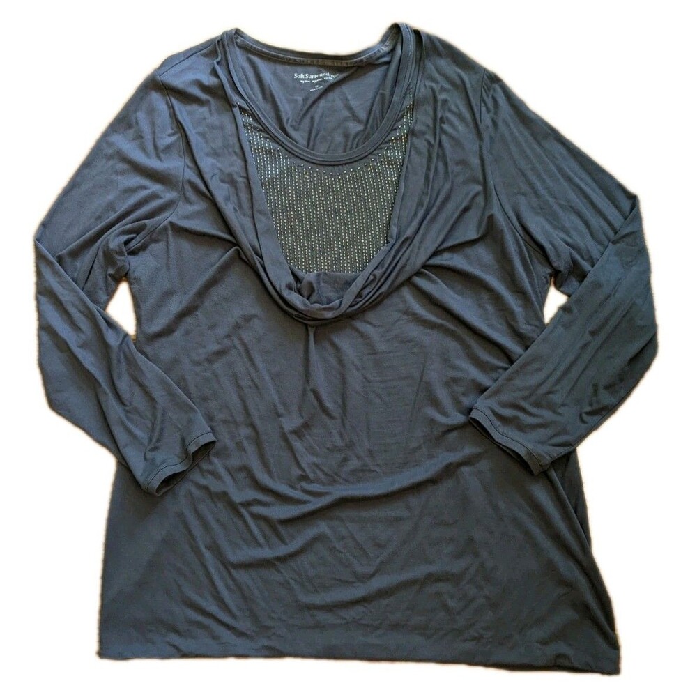 Soft Surroundings 1X Beaded Cowl Neck Stretchy Relaxed Business Corp Top Blouse